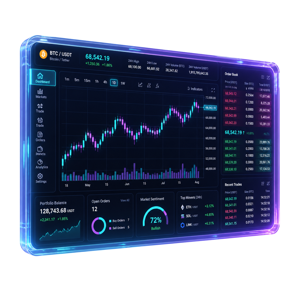 Illustrated trading dashboard representing the RORMarkets platform environment